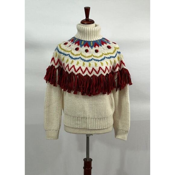 CHUFY Sz XS Hans Cream Fair Isle Pullover Fringe Turtleneck Sweater NWT Alpaca - Picture 2 of 11